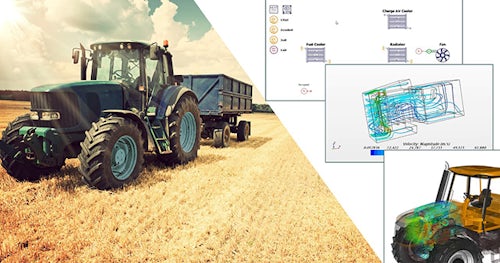 田野中的农业重型装备图像，配有热管理仿真结果。
